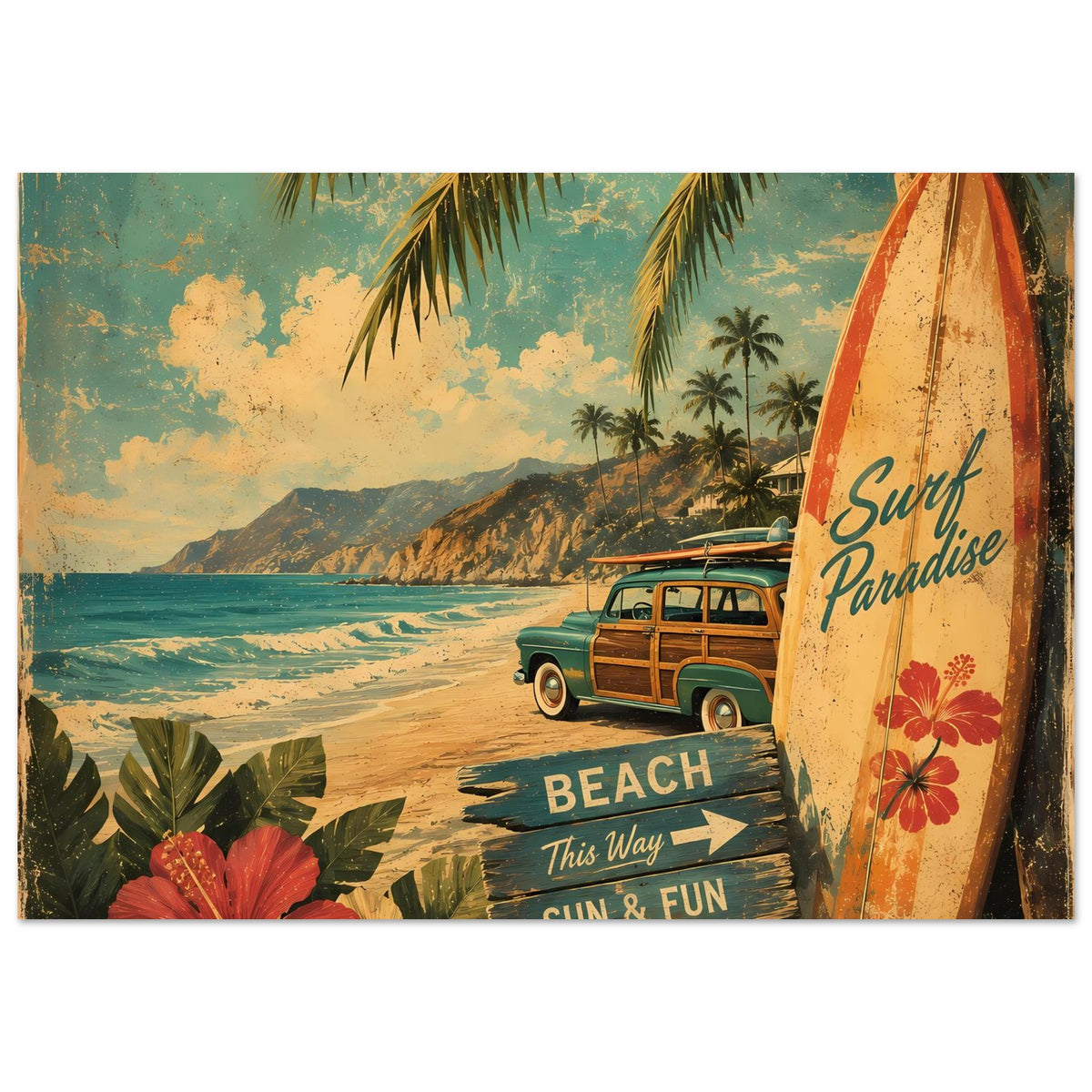 Surf-Poster: Surfboard rechts, grüner Oldtimer, Strandlandschaft mit „BEACH“-Schild