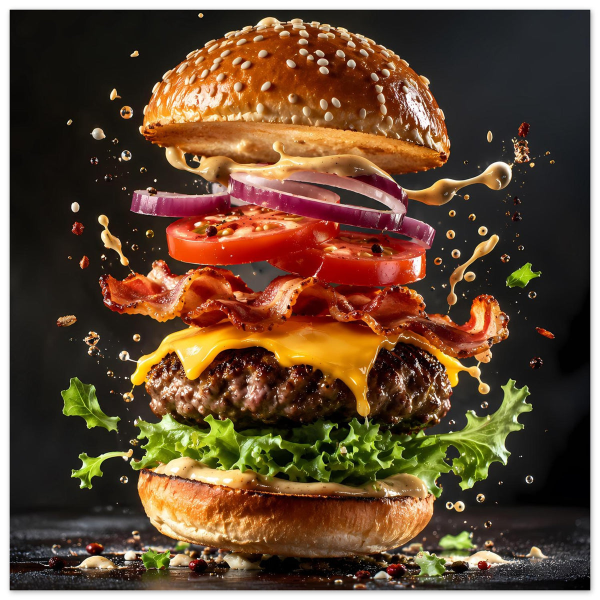 Burger-Poster mit Explosion: saftige Zutaten gestapelt, Käse und Bacon mit Spritzpunkten