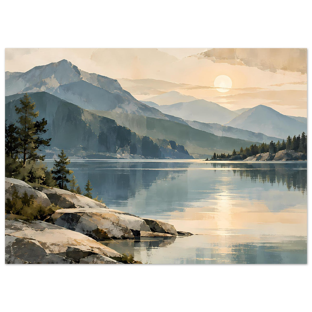 Horizontales Poster mit Bergsee-Motiv, Felsufer im Vordergrund, ruhige Spiegelung im Wasser.