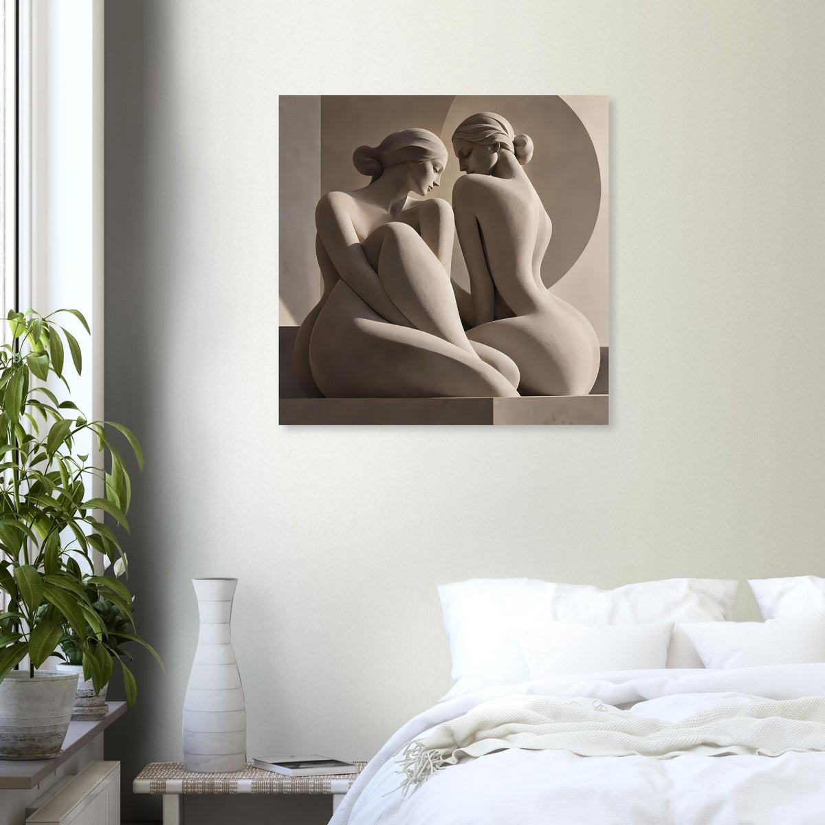 Kunstposter: zwei klassische Aktfiguren in beigem Monochrom, quadratisch im Rahmen