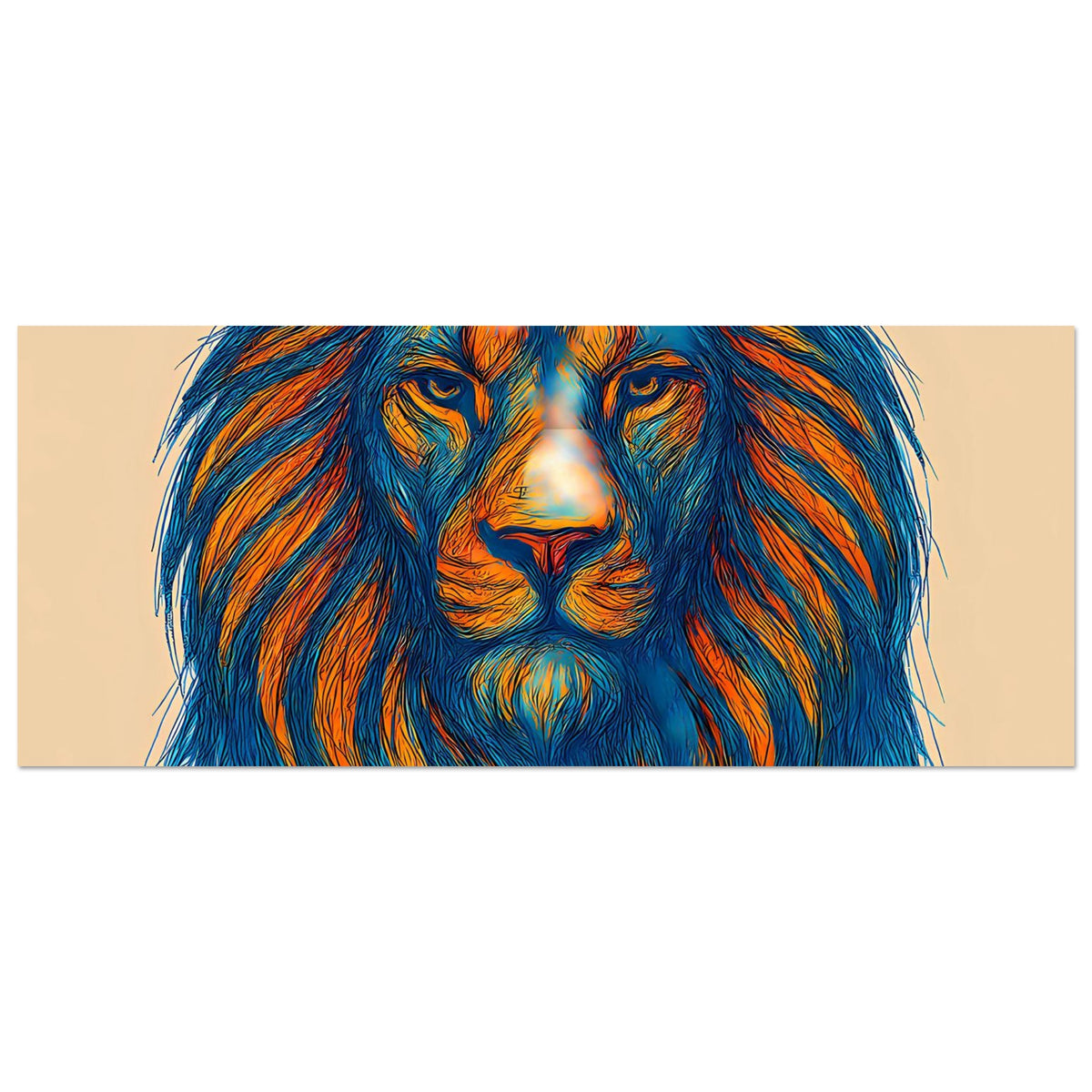 Löwen-Poster Pop Art im Querformat, angeschnittenes Löwenporträt mit blauer Mähne