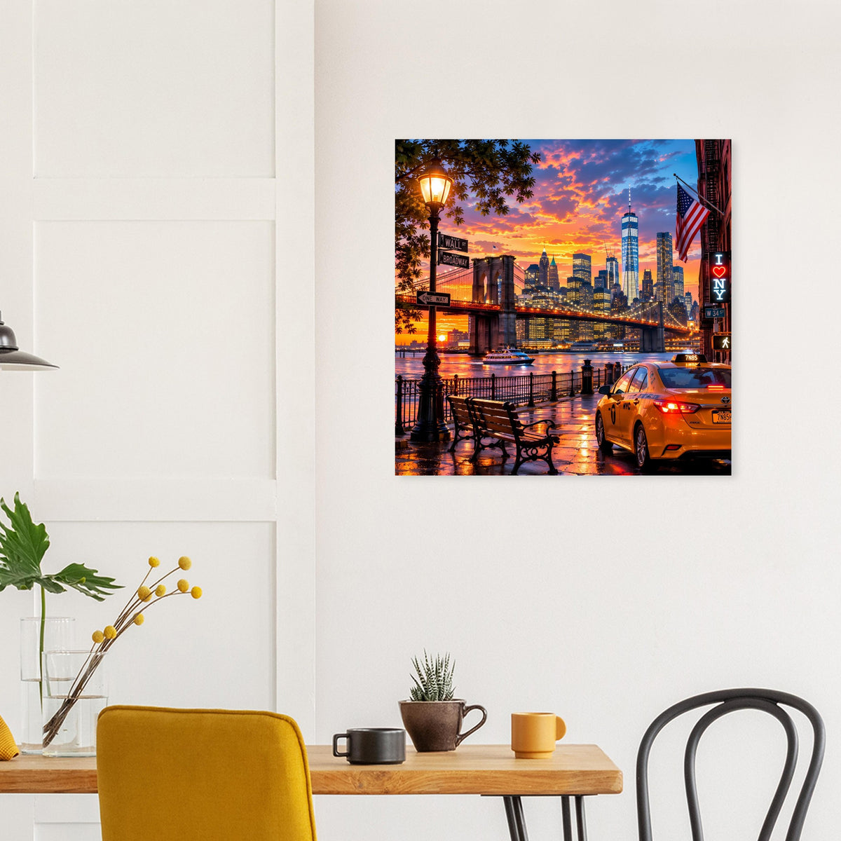Wandposter mit Skyline bei Sonnenuntergang, Brücke und vorbeifahrendes Taxi