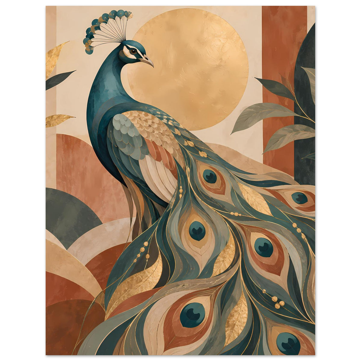 Vertikales Poster mit Pfau-Federfächern, türkisgrünen Farbtönen, warmen Braun- und Goldnuancen