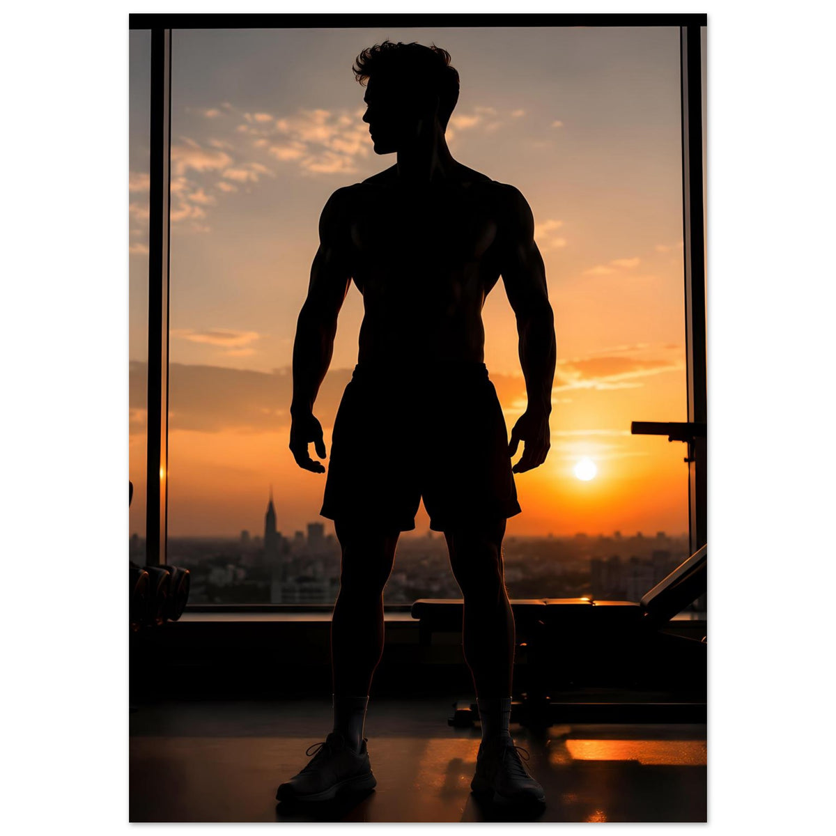 Fitness-Poster mit Sportler-Silhouette im Profil, Ganzkörperansicht vor untergehender Sonne.