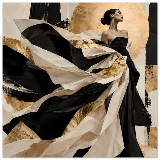 Kunstposter: Frau im schwarzen Abendkleid, goldener Kreis, schwarze und beiger Linien, quadratisch