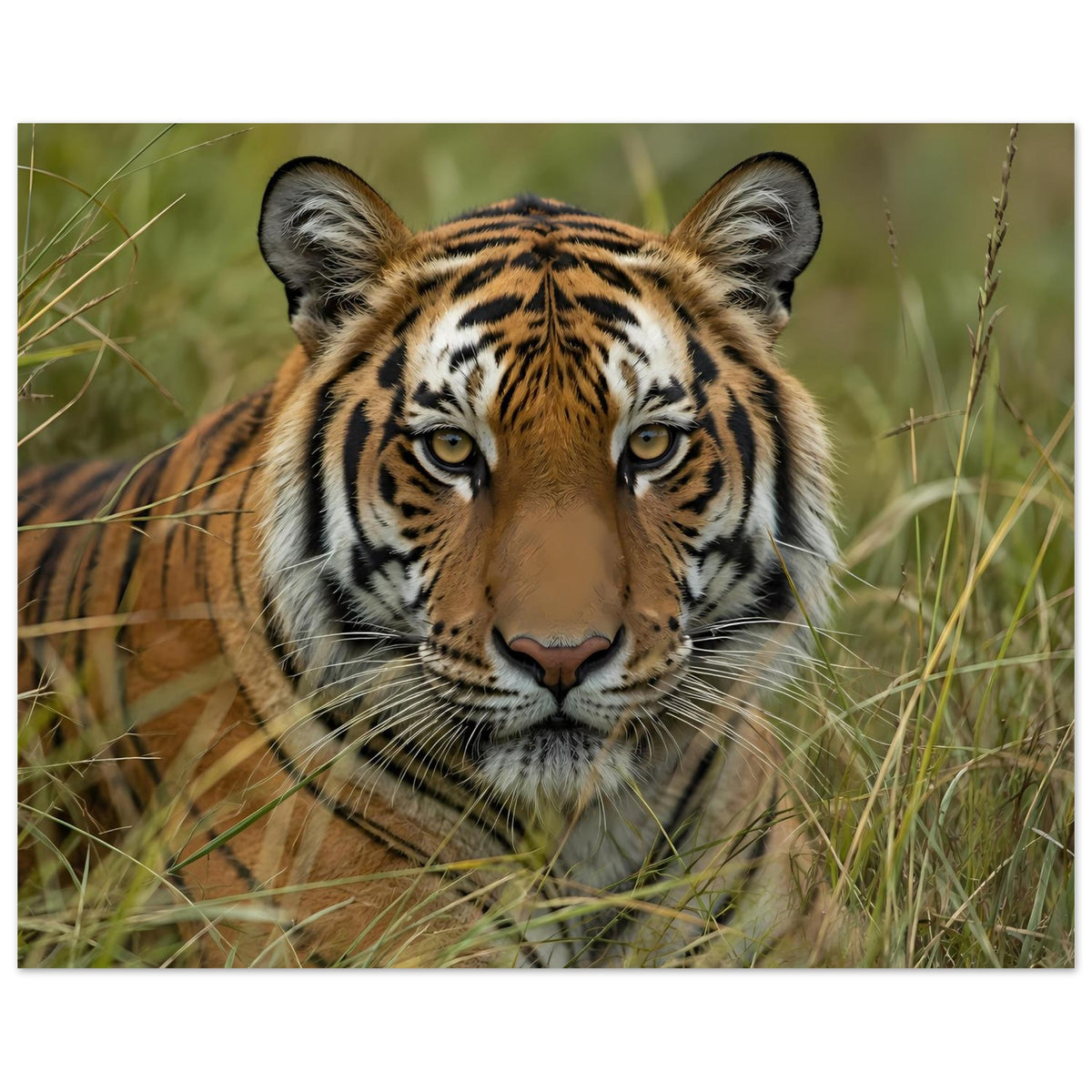 Wildtier-Poster mit Tiger im Gras, frontal sichtbarer Kopf und Ohren, umringt von Halmen
