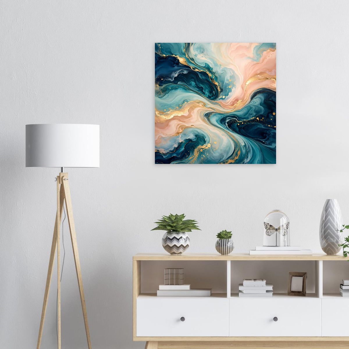 Abstraktes Kunstposter mit blau‑türkisen Wirbeln, rosafarbenen Flächen und goldenen Sprenkeln