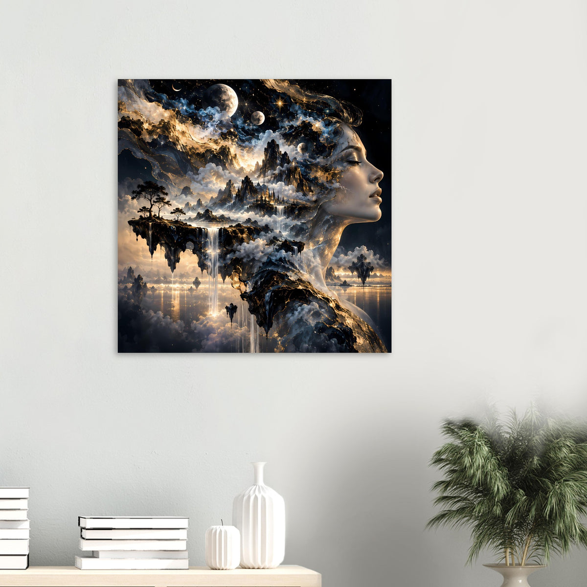 Surrealistisches Poster im Querformat mit kosmischem Profilgesicht, Monden und Nebelfluten