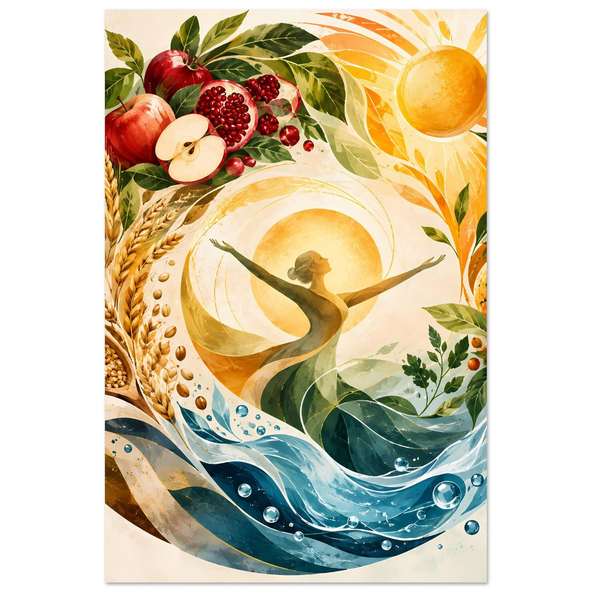Vertikales Poster mit Sonne, Wellenlinie, Erntefrüchten, Körnern und Blättern im Kreis