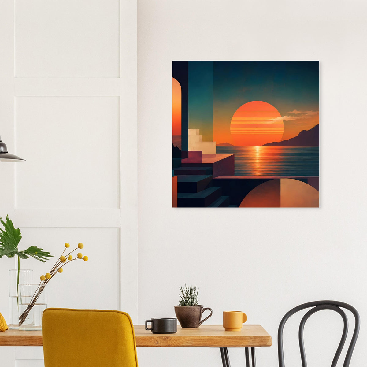 Gerahmter Kunstdruck: Küstenpanorama mit orangefarbener Sonne, dunklen Treppenformen und Meer