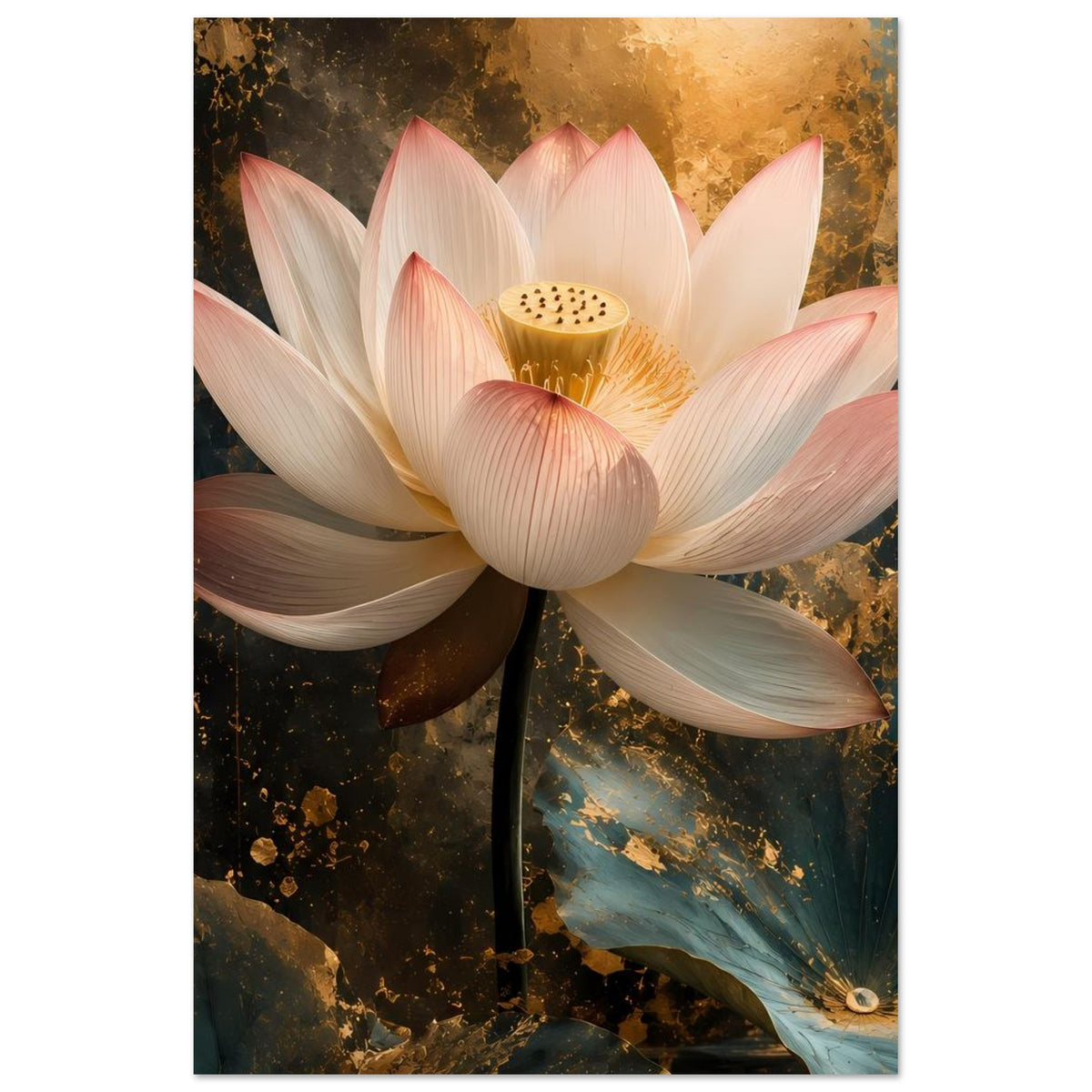 Lotusblüten-Poster mit Lotusblüte in Weiß und Rosa sowie goldenem Kelch