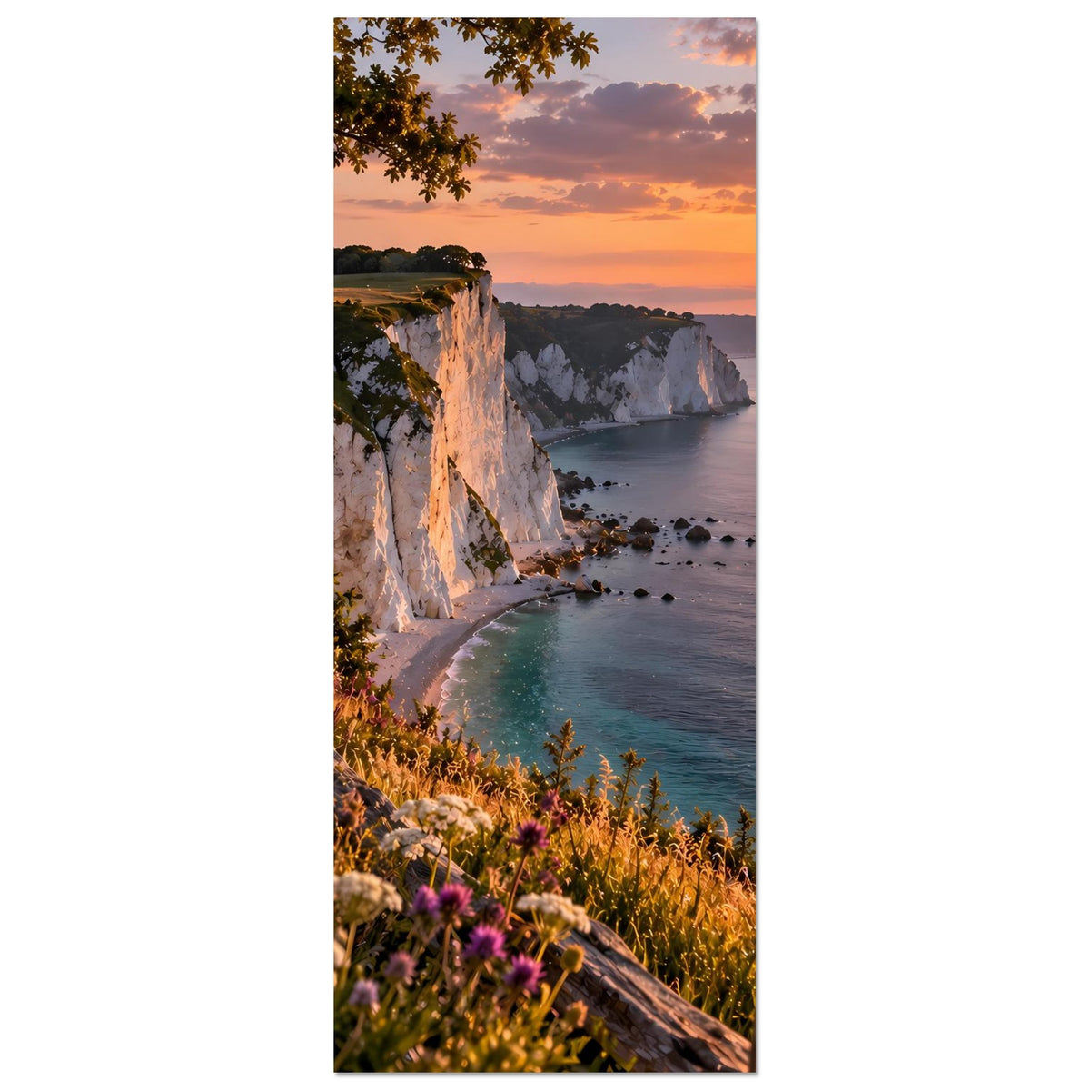 Hochkant-Poster mit Kreidefelsen, Küstenweg und Meer bei Sonnenuntergang, Blumen im Vordergrund