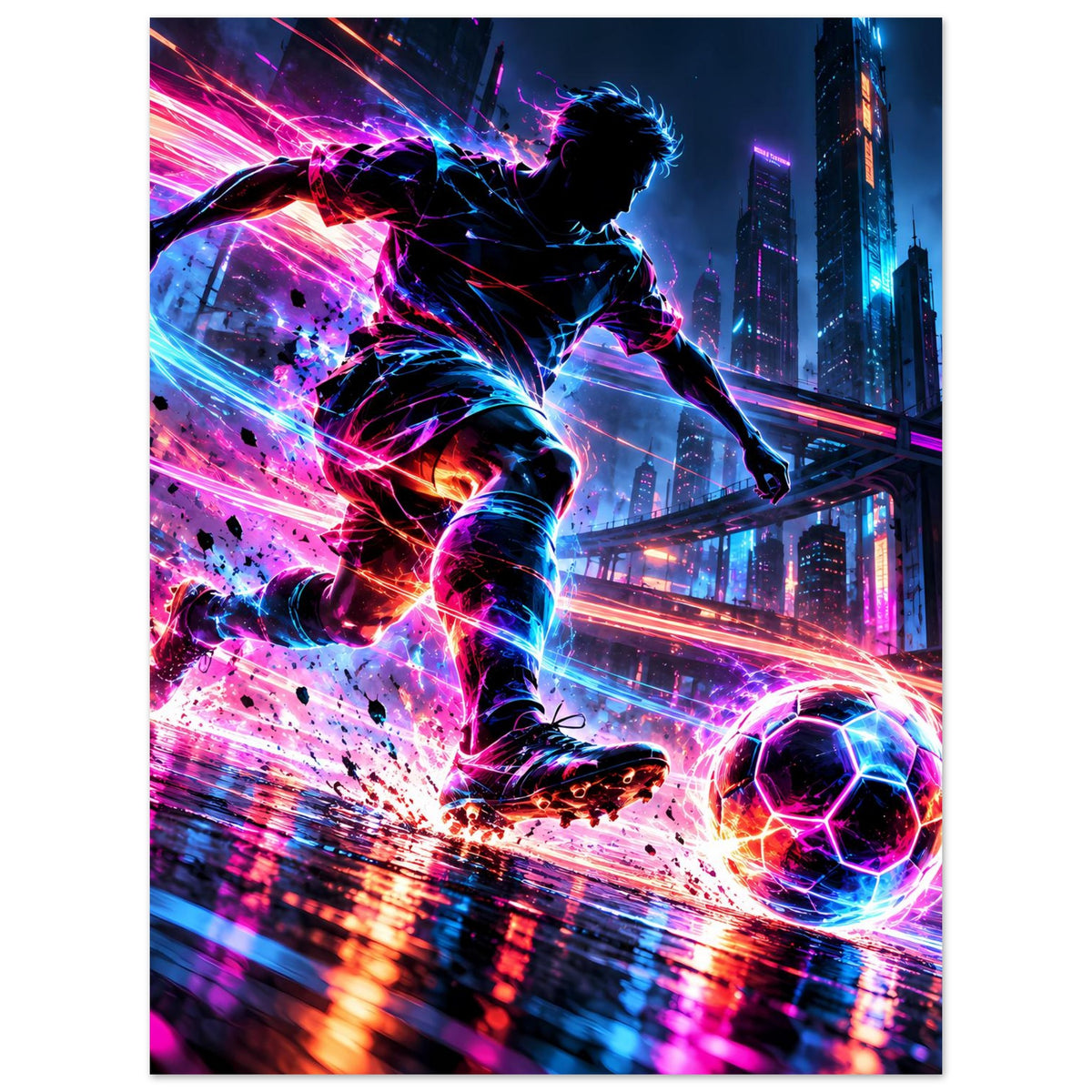 Neon-Soccer-Actionposter im Hochformat: Fußballaktion mit Leuchtfarben, Ball und futuristische Gebäude