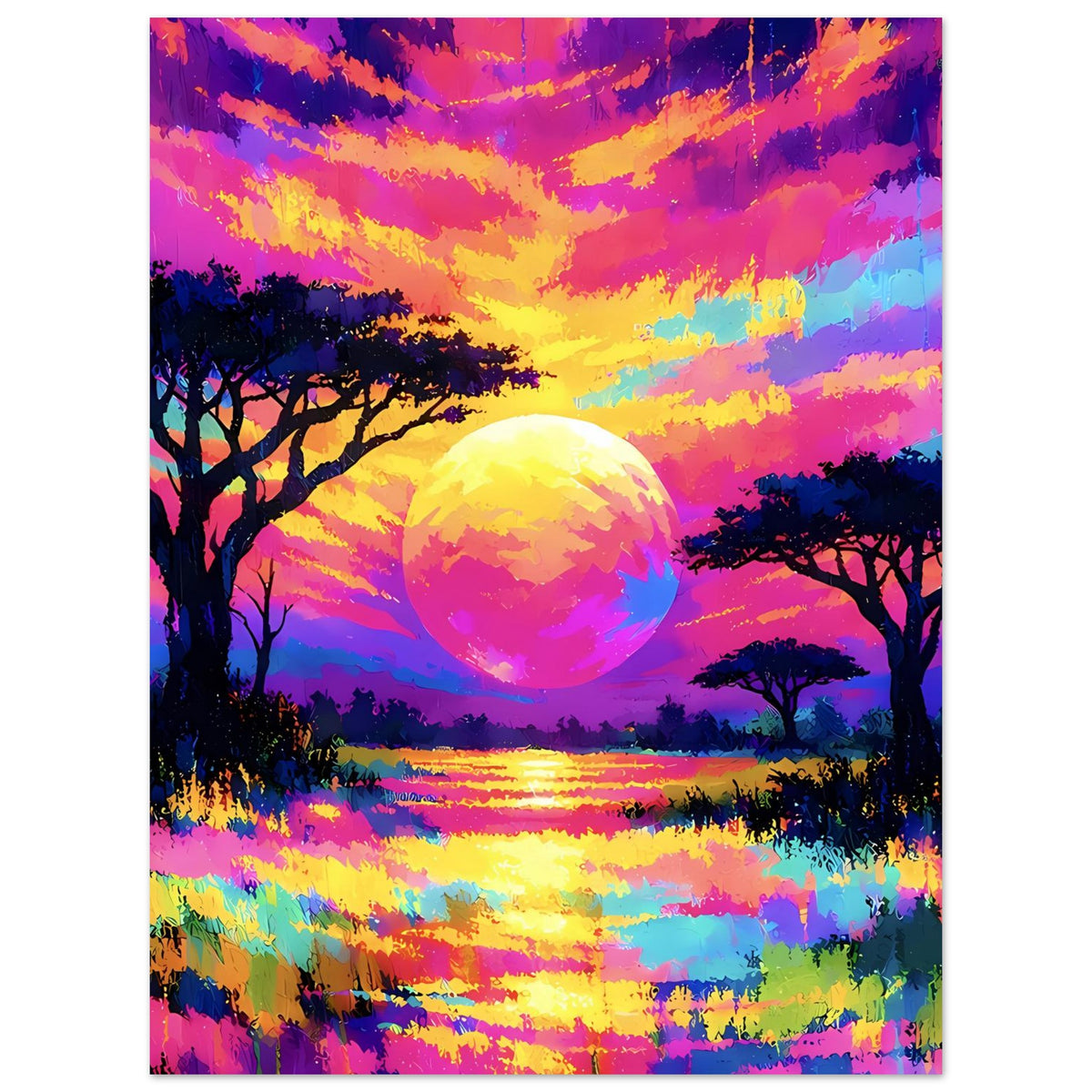 Vertikales Poster mit Neon-Sonnenuntergang: große Sonne, Bäume, Seeufer und Wasserreflexe