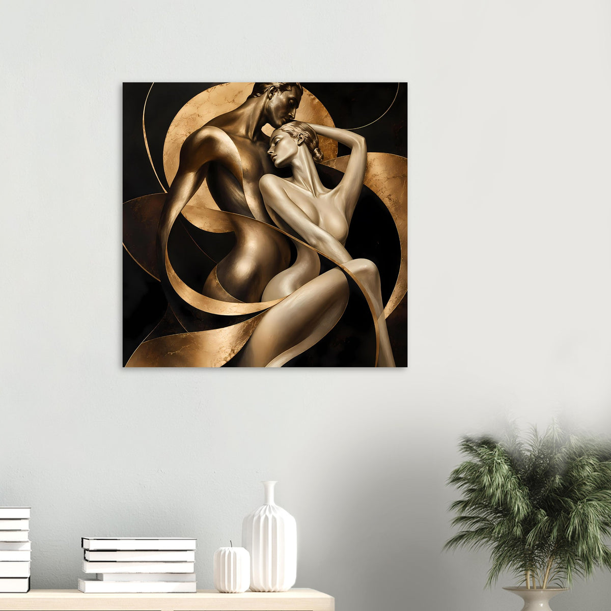 Kunstposter im Kleinformat: zwei goldbronze Akte in dynamischer Pose, schwarzer Rahmen