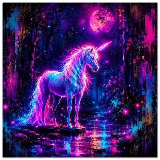 Neon-Einhorn-Poster: Einhorn im Stand, leuchtende Mähne und Horn vor Vollmond im Wald