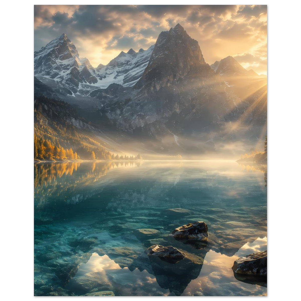 Wandposter im Hochformat: Berge im Morgenlicht, bewaldete Hänge und ruhiger See