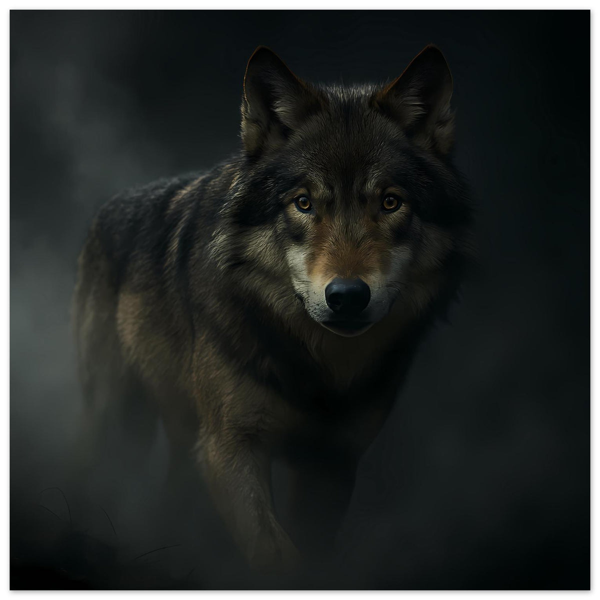 Wolfporträt-Poster: grauer Wolf mit gelben Augen, frontal blickend