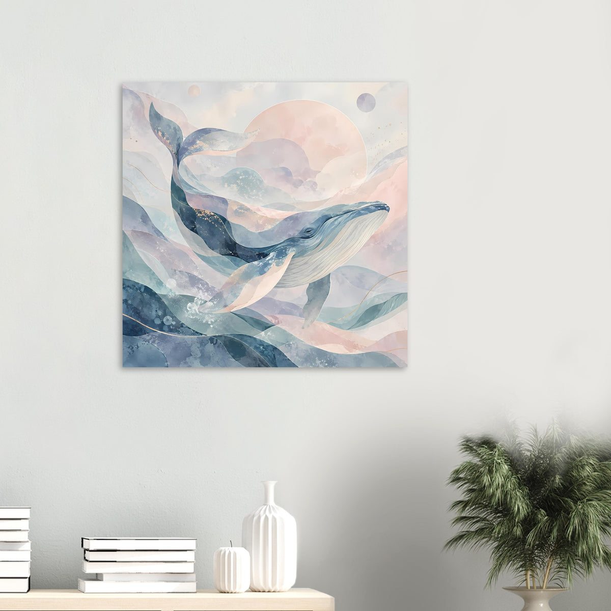 Wal-Kunstposter in sanften Blau- und Pastelltönen, vertikal