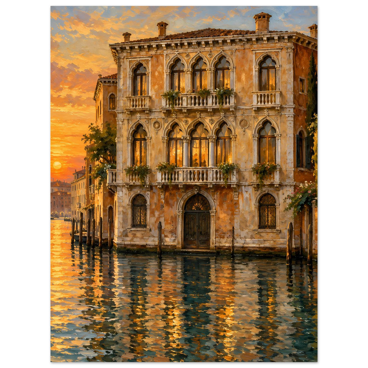 Vertikales Poster mit Sonnenuntergangsfarben über Venedig und historischer Fassade am Wasser