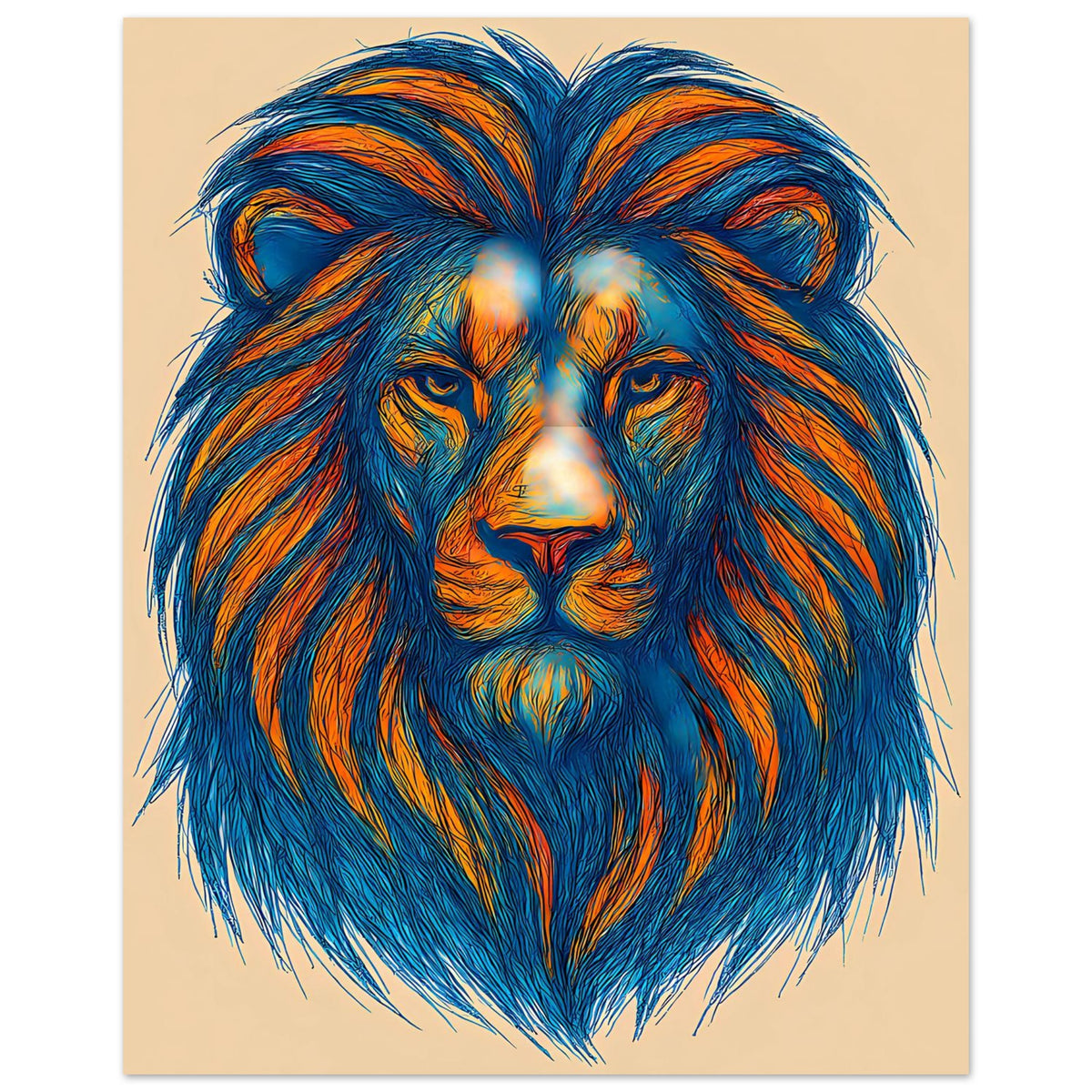 Löwenkopf-Poster mit Pop-Art-Print: blaues Fell, orange Mähne, markante Augen