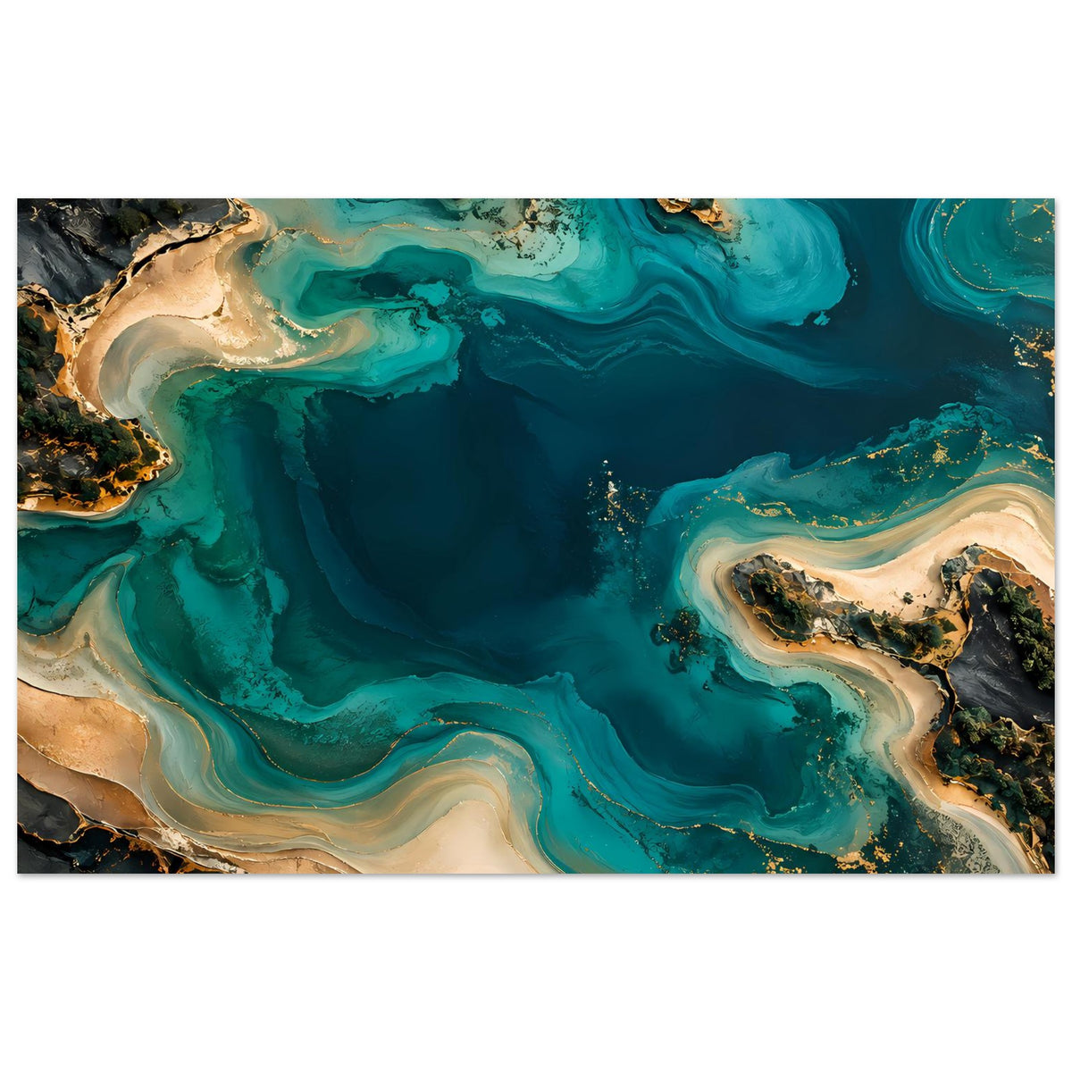 Abstraktes Ozeanposter Querformat: türkis-blaue Wasseradern, beiger Sand und goldene Akzente