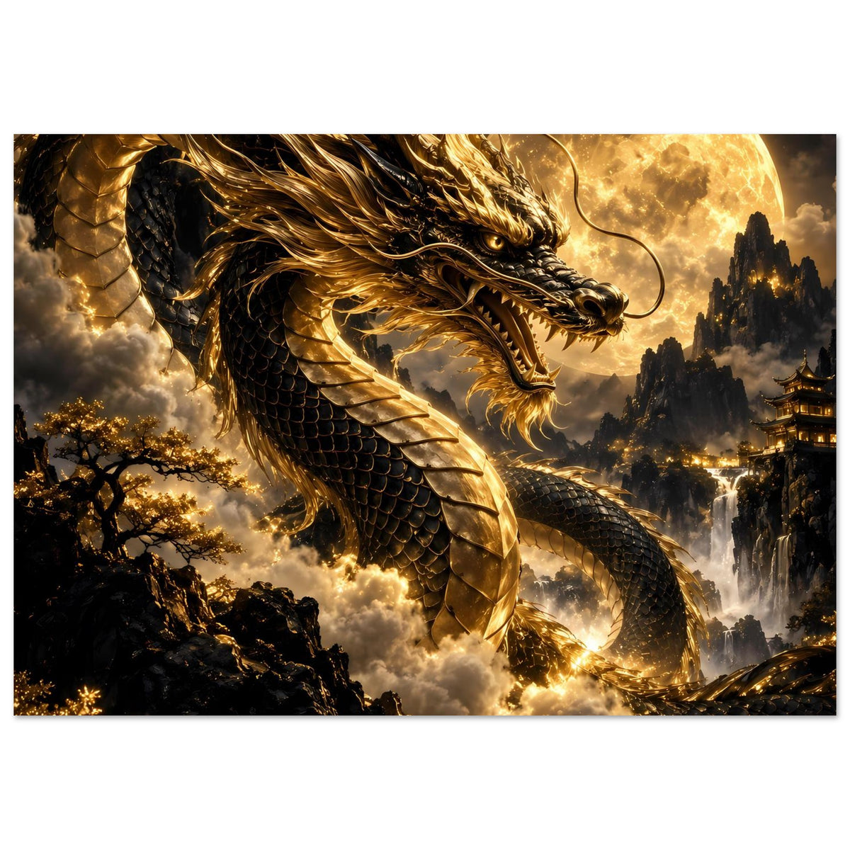 Poster im Querformat: goldener Drachenkopf und Flügel, Vollmond über Landschaft