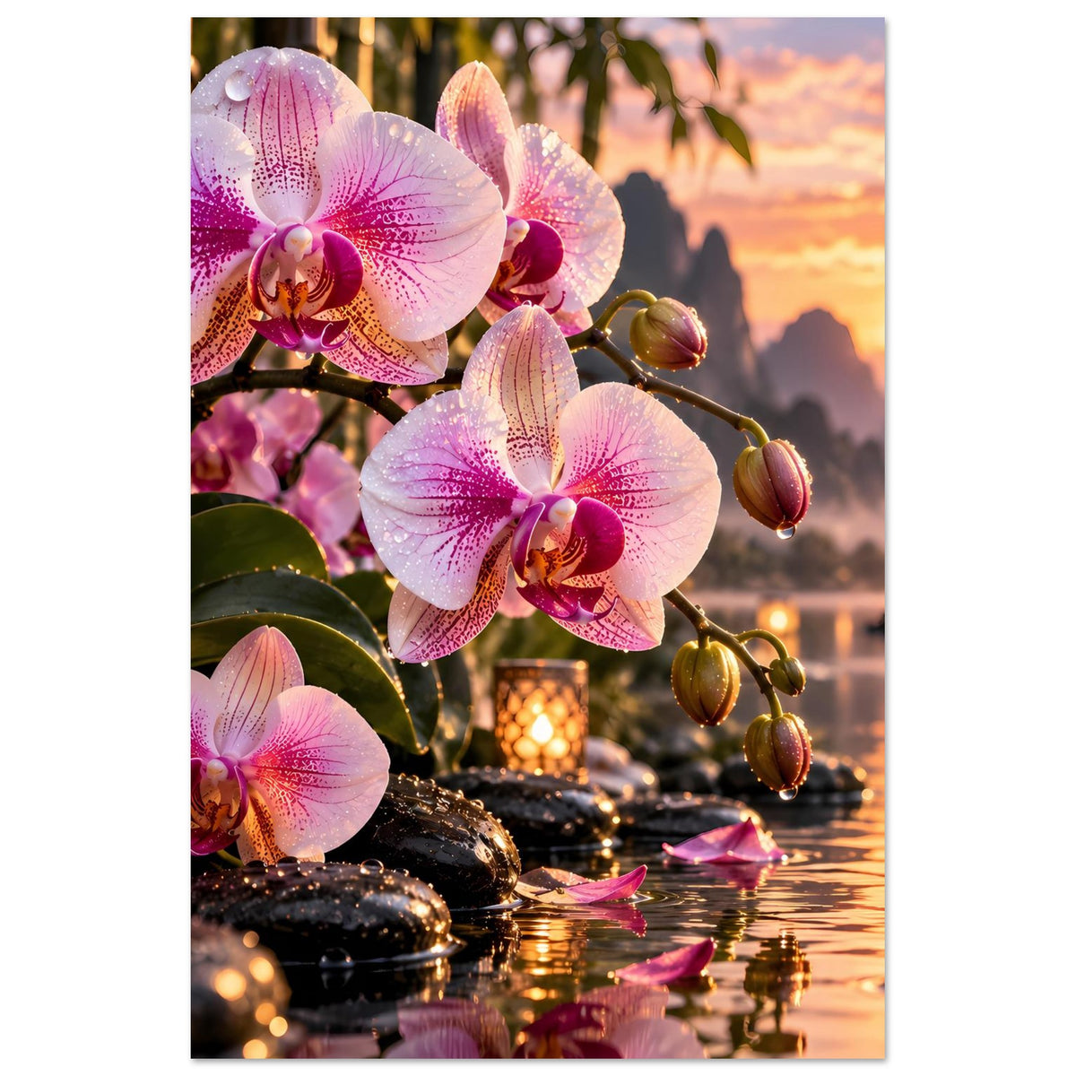 Orchideen-Poster: große rosa Orchideenblüten und Kerzen am Wasser