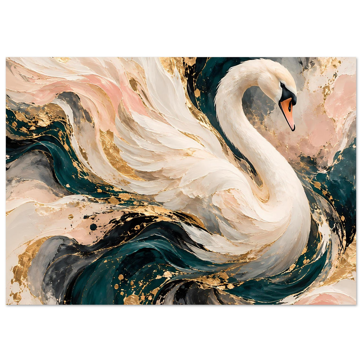 Abstraktes Kunstposter im Querformat: weißer Schwan, schwarze Pinselzüge und goldene Tupfer