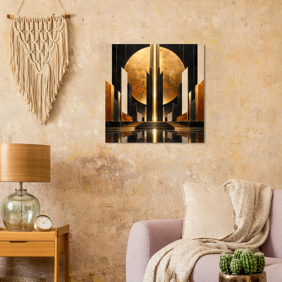 Art-Deco-Poster an der Wand mit goldfarbenem Bogen, Säulen, Treppen und Schwarz-Gold-Finish