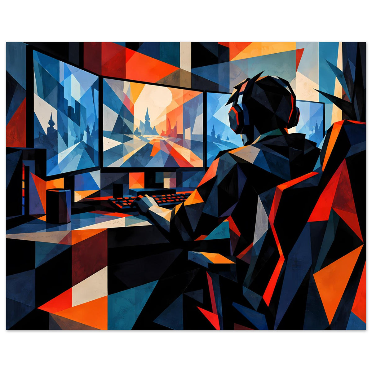 Gaming-Poster im Querformat: abstrakte Figur mit Headset und Controller, geometrische Blau-Orange-Flächen