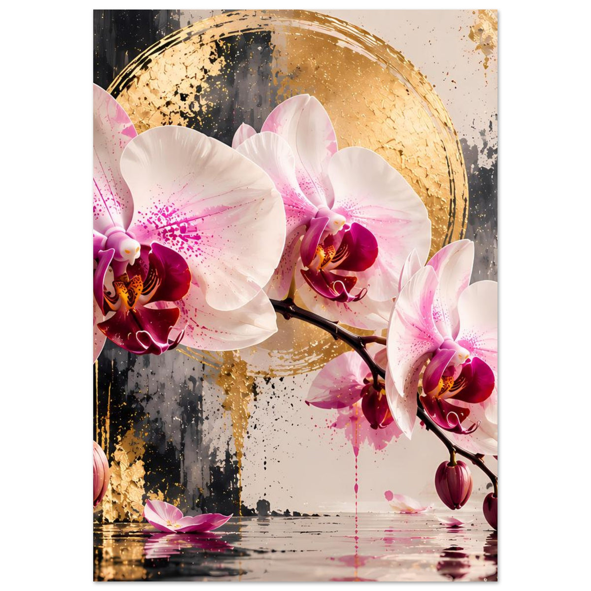 Orchideen-Poster mit weißen, rosa und magentafarbenen Blüten an goldener Kreisfläche