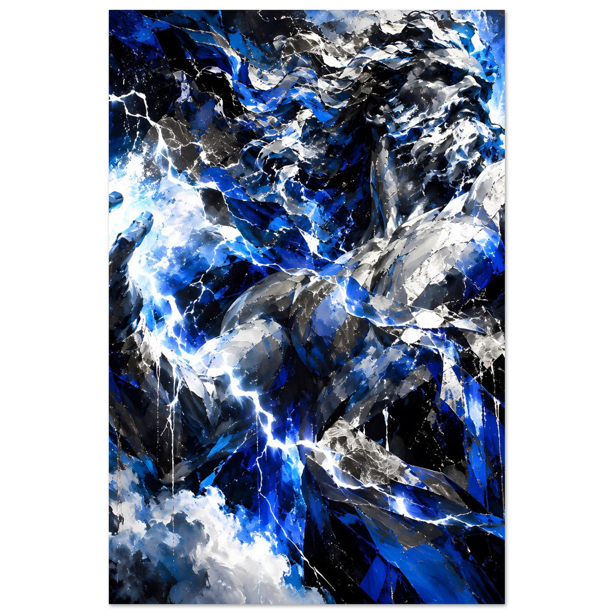 Poster im Hochformat mit abstrakter Blitz- und Zeus-Figur, blau-grau