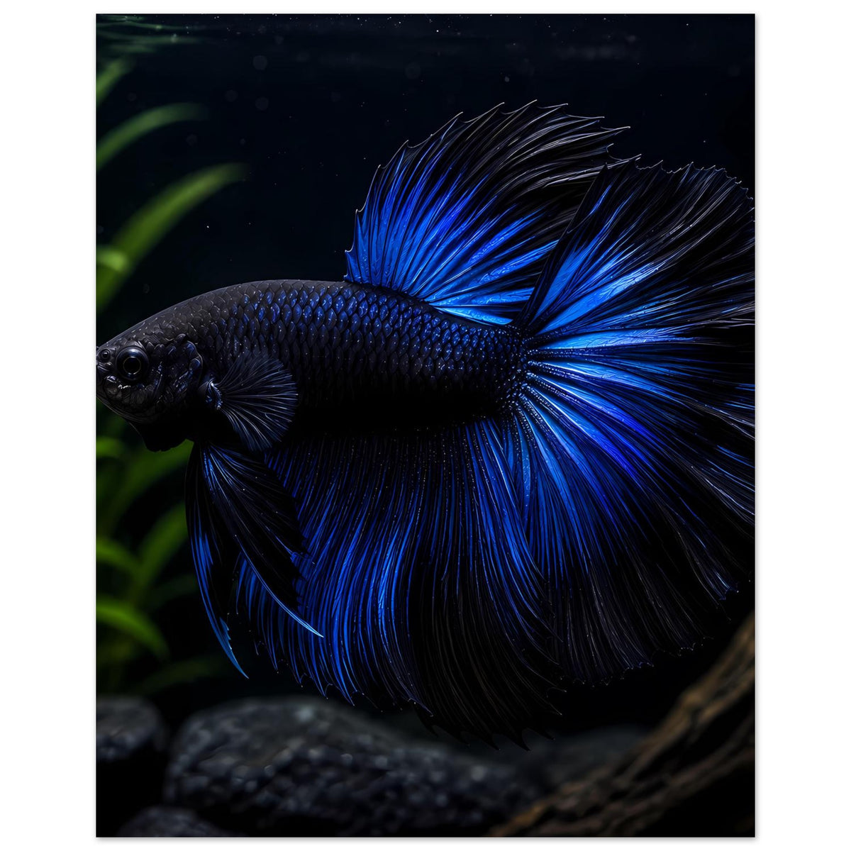 Poster mit blauem Betta-Fisch, lange Flossen nach rechts, dunkler Körper im Fokus