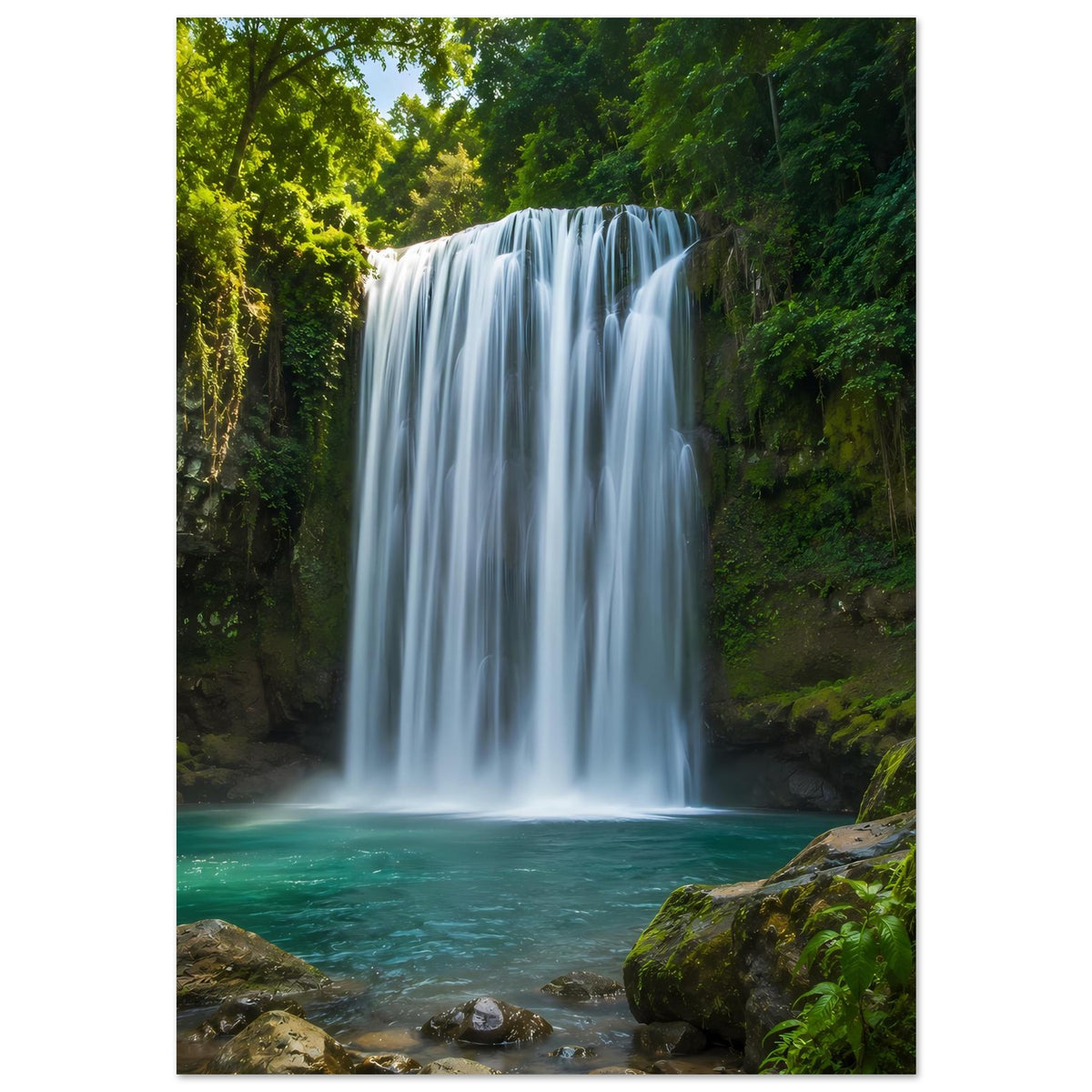 Wasserfall-Poster (Hochformat): breiter Wasserfall mit türkisgrünem Wasser, umgeben von Grün