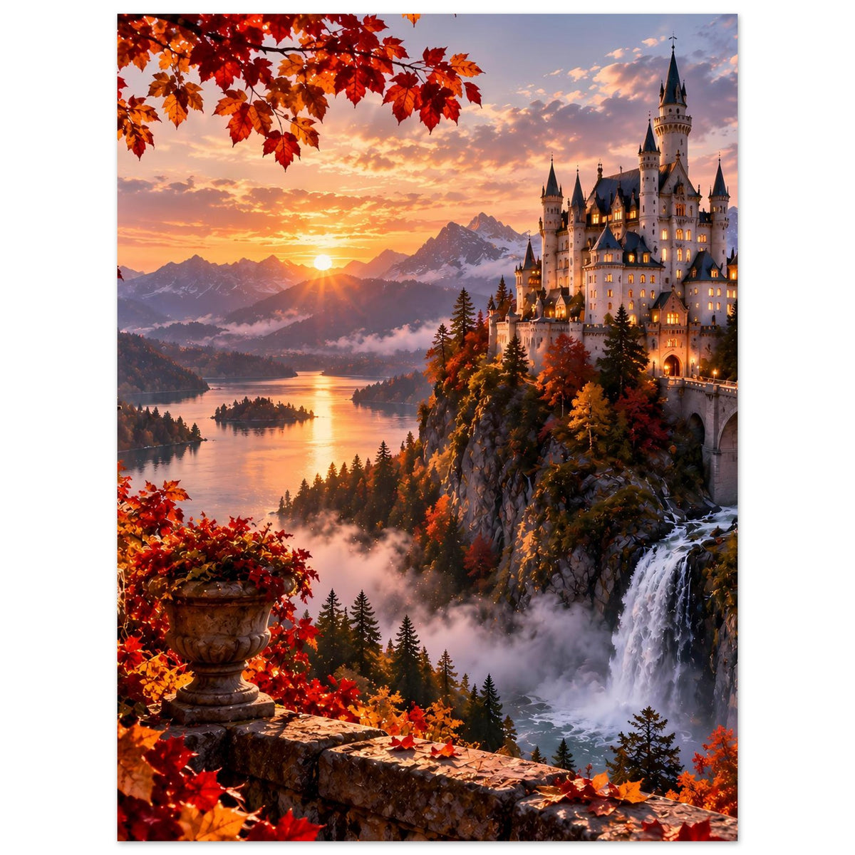 Herbstposter: Schloss am Felsen mit Wasserfall, See bei Sonnenuntergang, rotes Laub vorn
