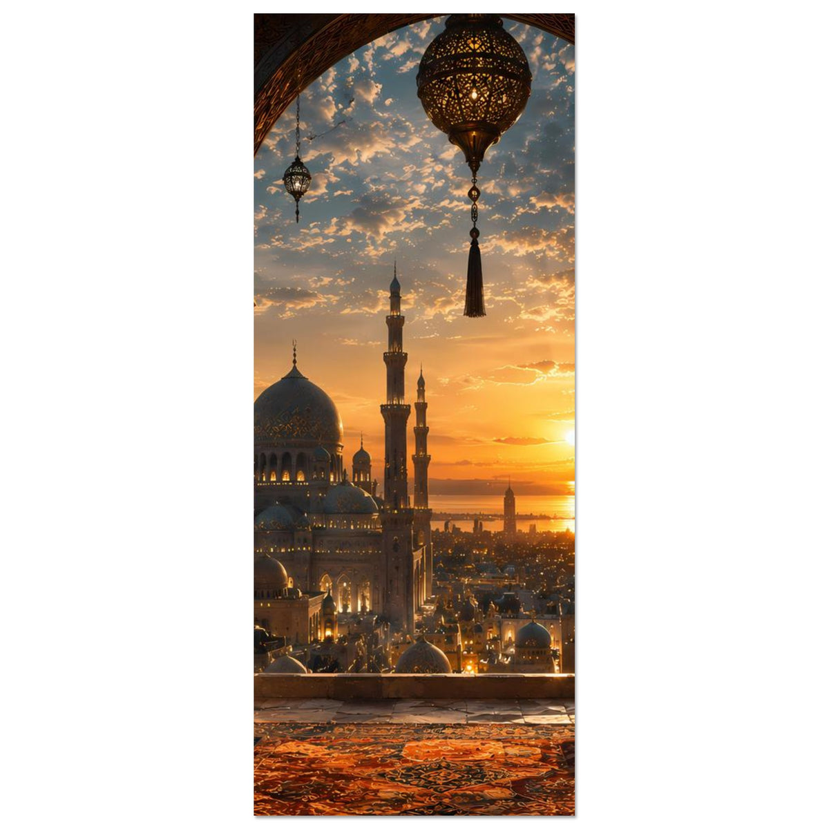 Hochformat-Poster: Moscheekuppel und Minarett unter orange-goldenem Abendhimmel