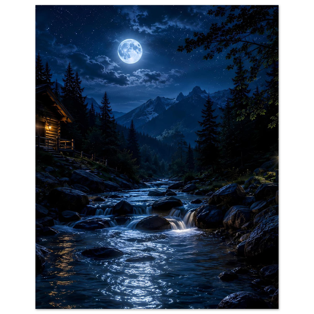 Vertikales Poster: Vollmond am Nachthimmel über Bergkette, Bach und Tannenbäume