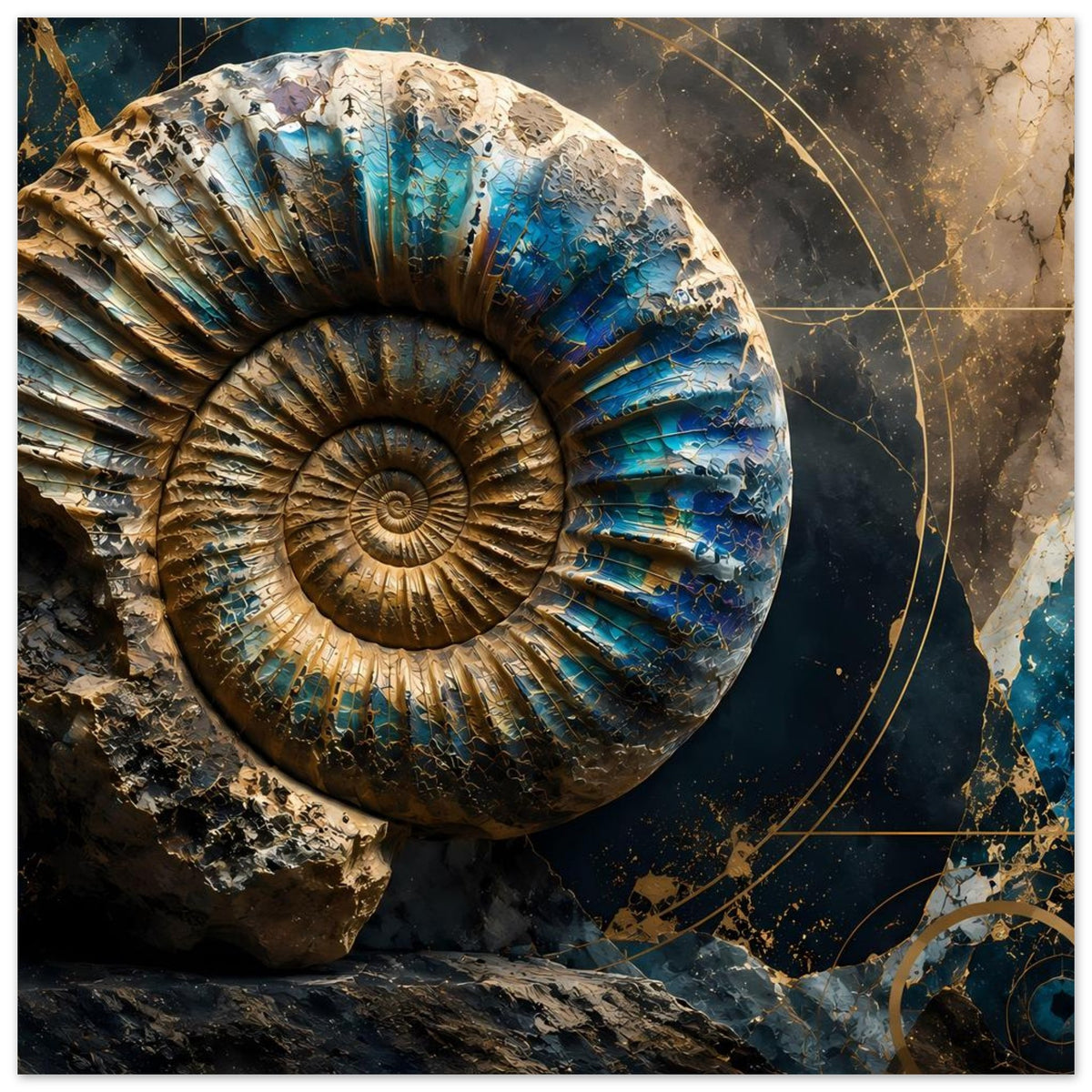 Kunstposter mit Ammonit-Fossil, Petrolblau und Gold, Spirale prominent im Vordergrund