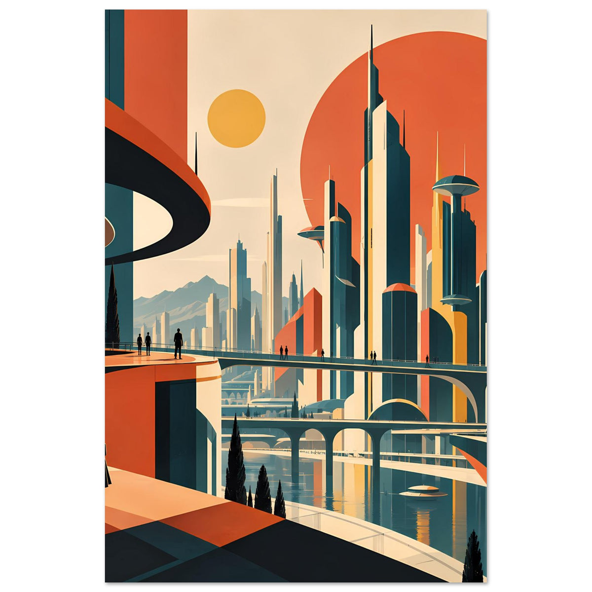Poster mit Stadtpanorama, geschwungenen Brücken und türkis-roten Wolkenkratzern