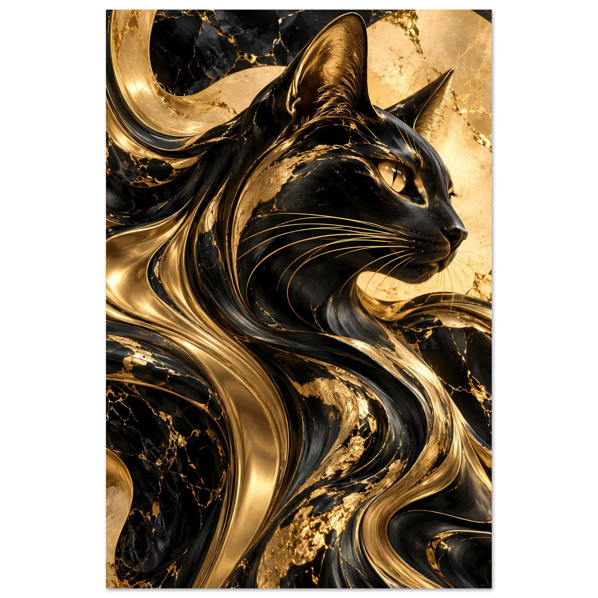 Hochformat-Poster mit Katzenkopf und gold-schwarzem Wirbelmuster aus Marmorgestein-Optik.