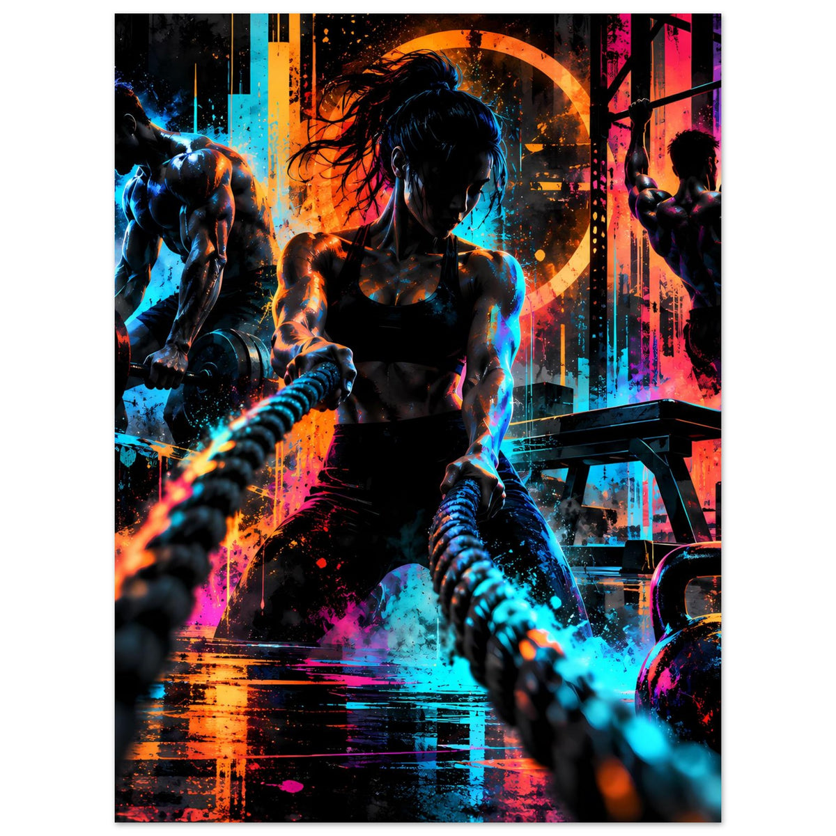 Neon-Fitnessposter mit Frau im Zentrum, weitere Sportler, Hanteln und Kettlebell
