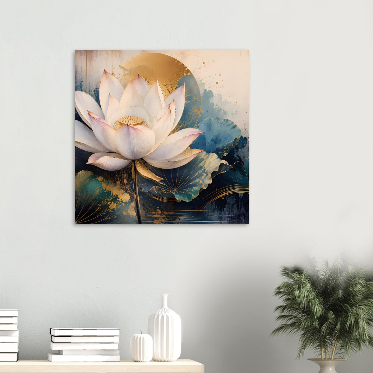 Premium-Poster mit weißen Lotusblüten, goldener Scheibe und blau-grünem Hintergrund