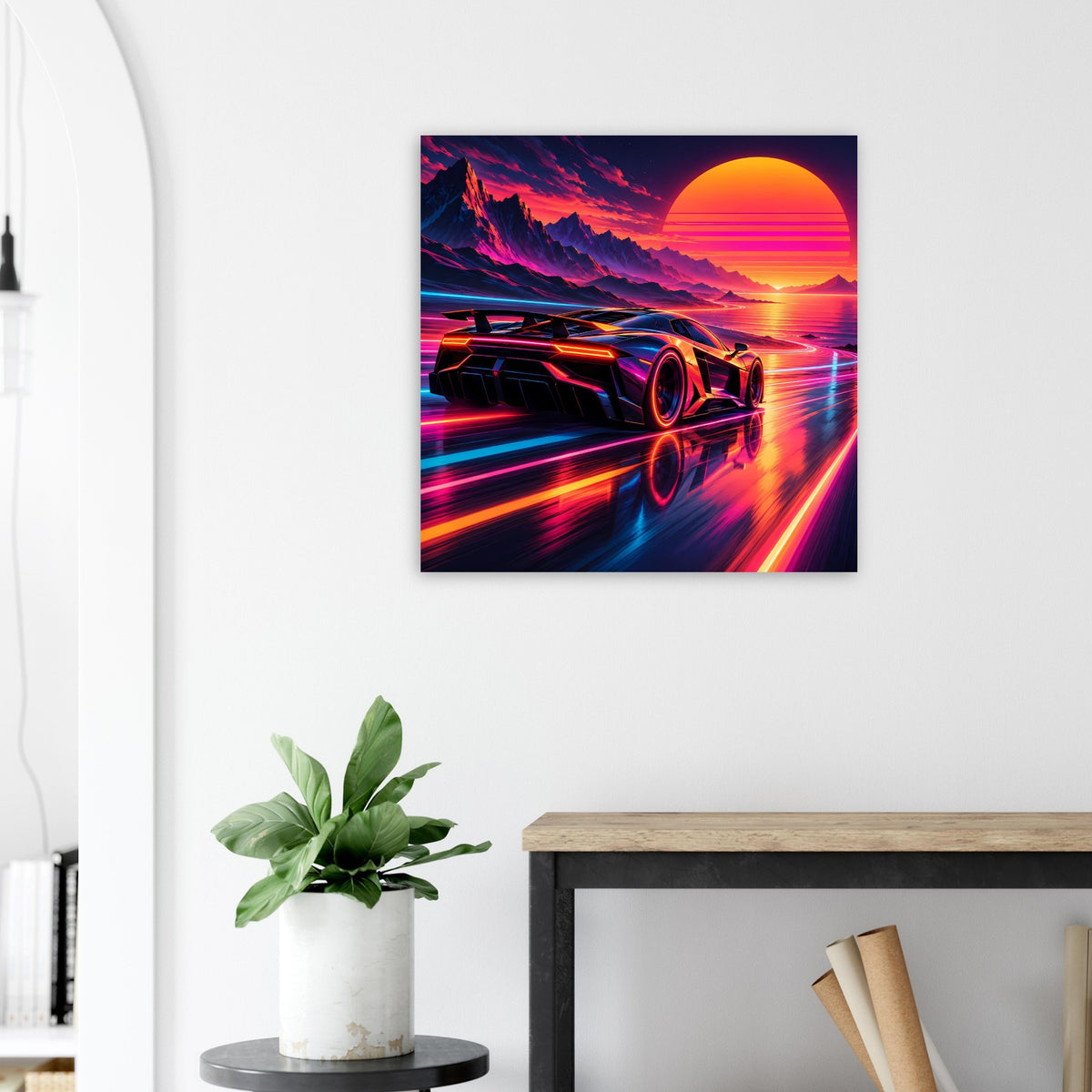 Quadratisches Poster mit futuristischem Supercar und Sonnenuntergang im Neon-Look