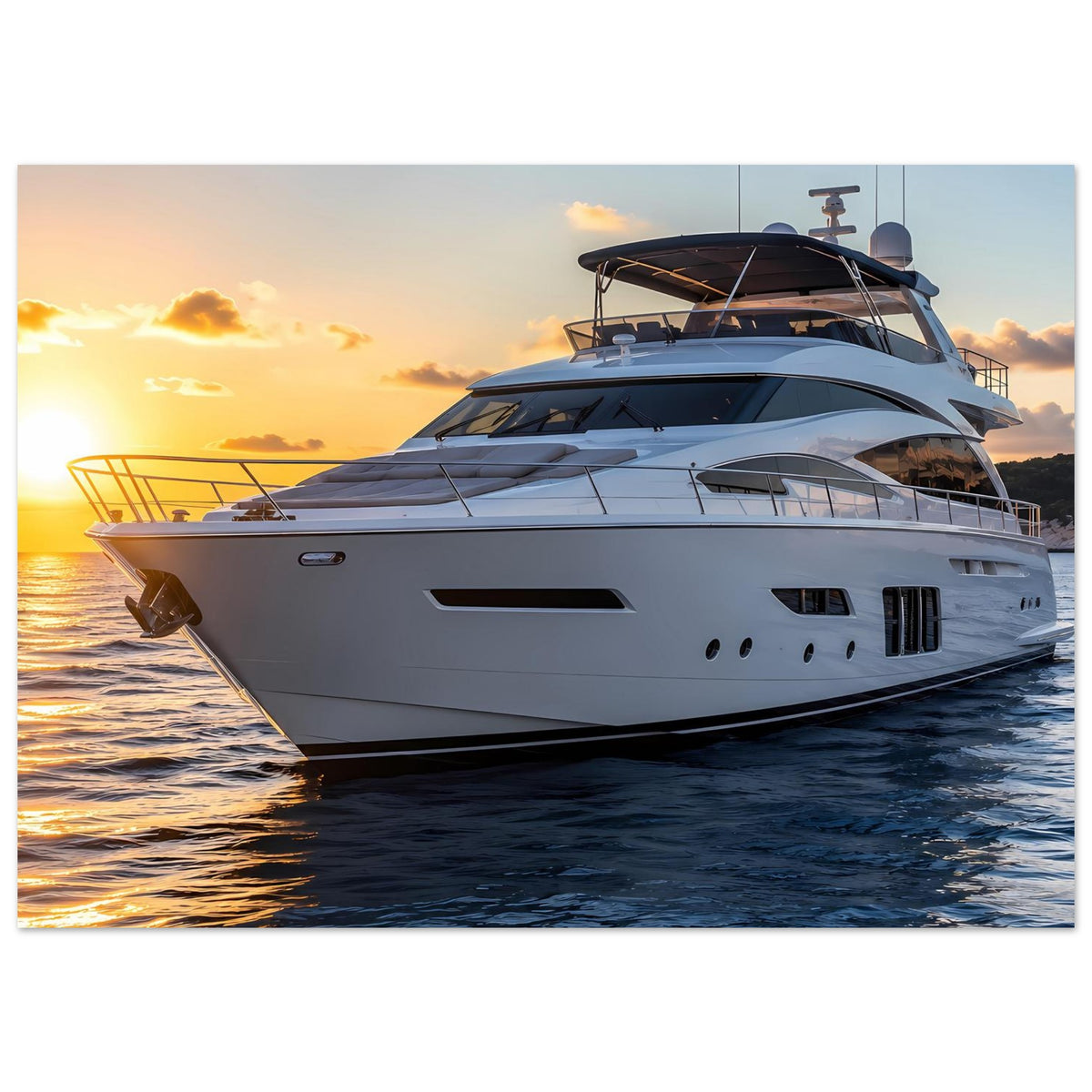 Poster mit großem Blick auf weiße Yacht, Bug und Aufbauten bei Sonnenuntergang