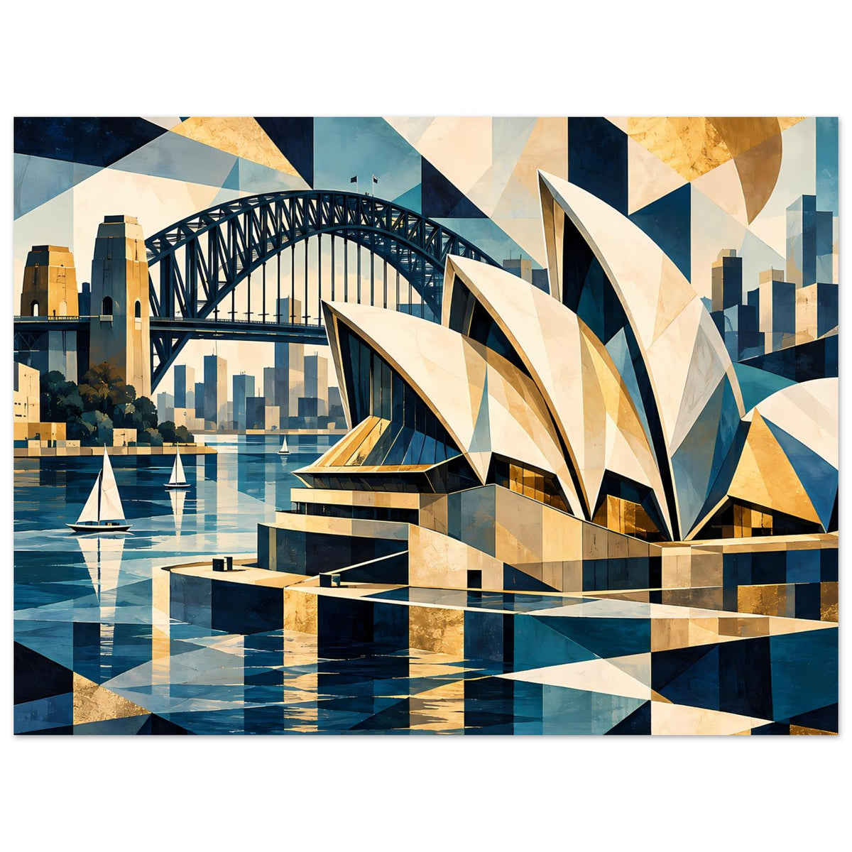 Geometrischer Kunstdruck mit Brücke, Segelbooten und blau-goldenen Vielflächenschatten