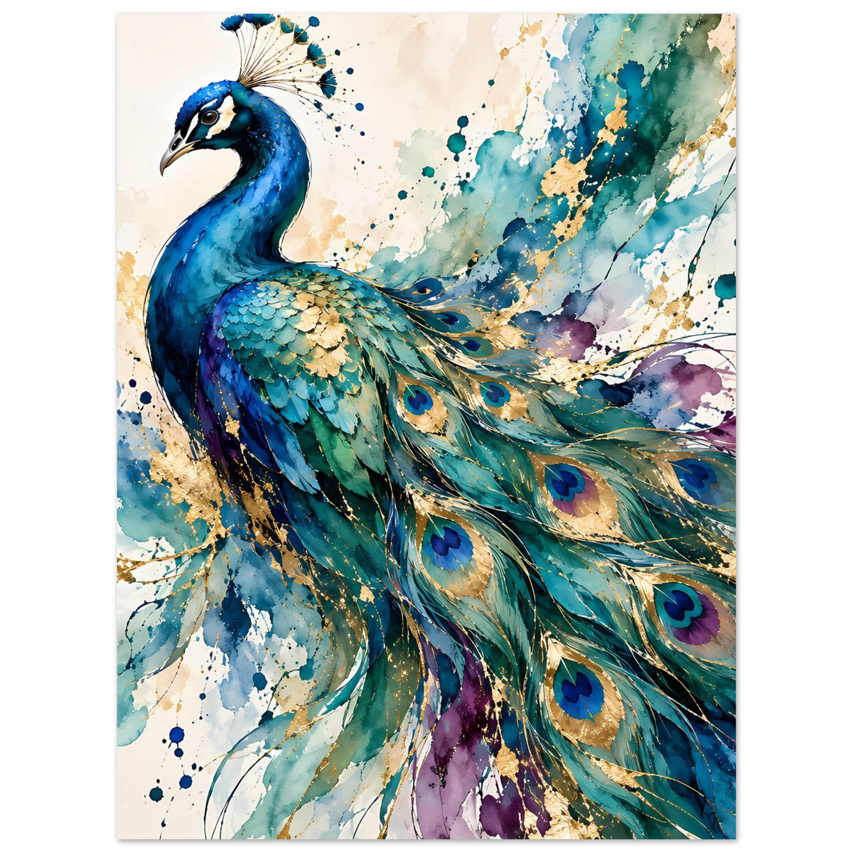 Aquarell-Poster: blauer Pfau mit bunt schillernden Pfauenfedern in Grün und Gold