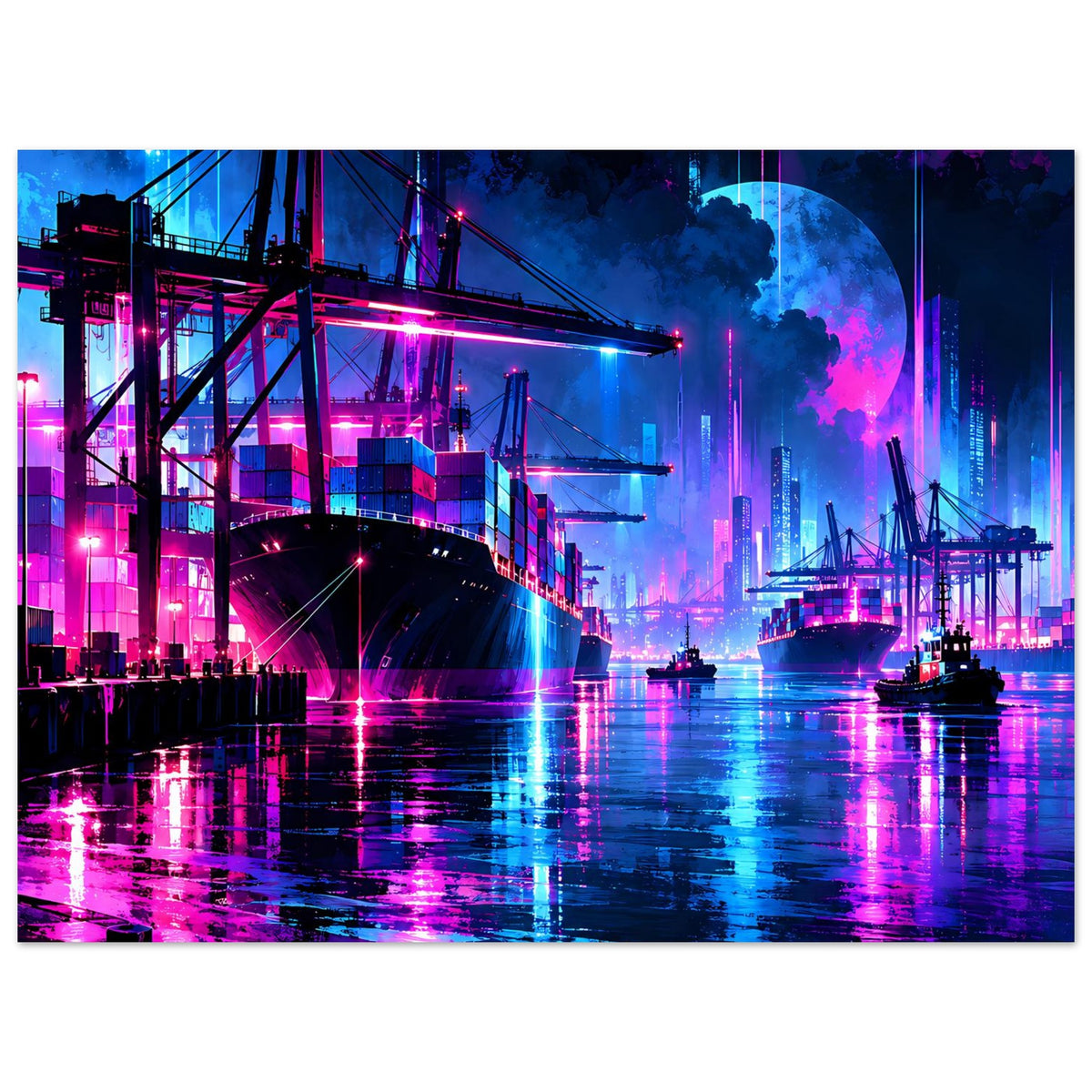 Neon-Hafen-Nachtlandschaft Poster im Querformat, beleuchtete Brücke über Wasser