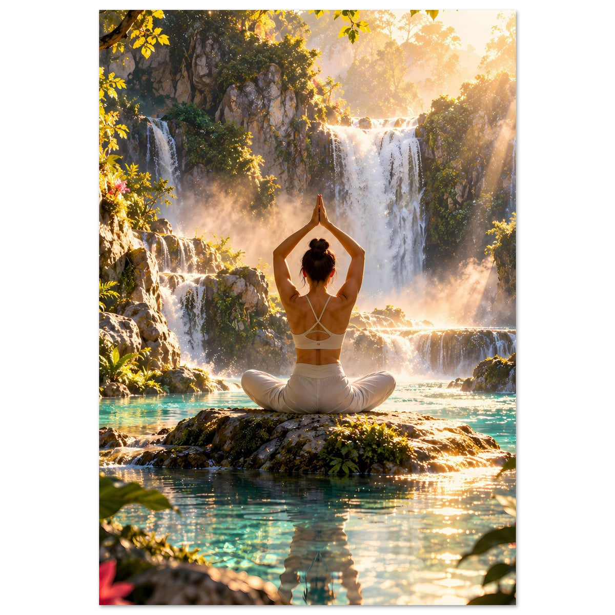 Yoga-Meditationsposter: Frau in Meditation im Lotussitz mit erhobenen Armen vor Wasserfällen