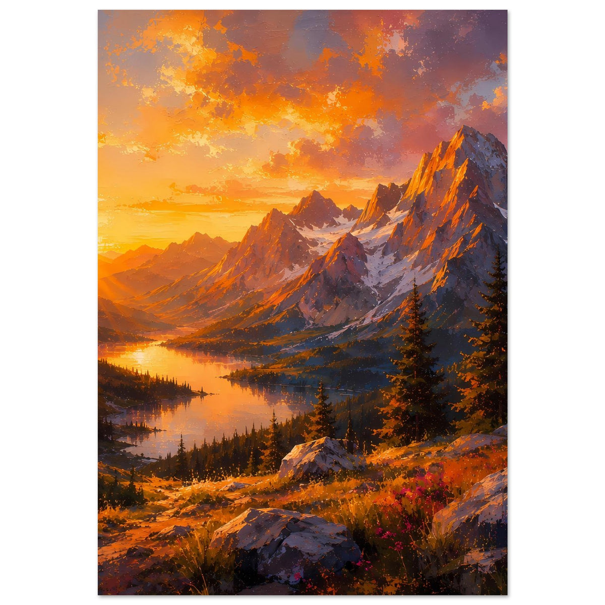 Poster im Hochformat mit Sonnenuntergang, Bergkette, See und felsiger Flanke